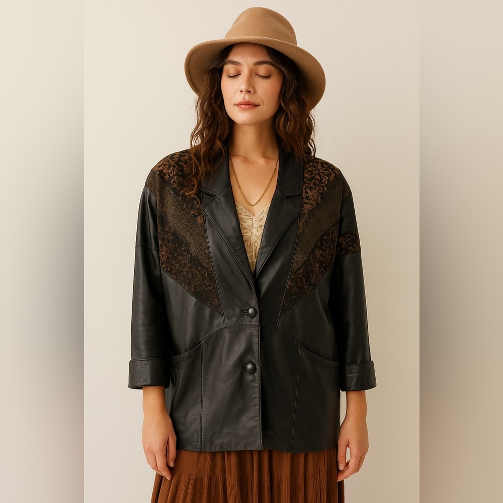 Vintage Avanti Genuine‎ Leather Patchwork Jacket Black Bronze Boho Western Large